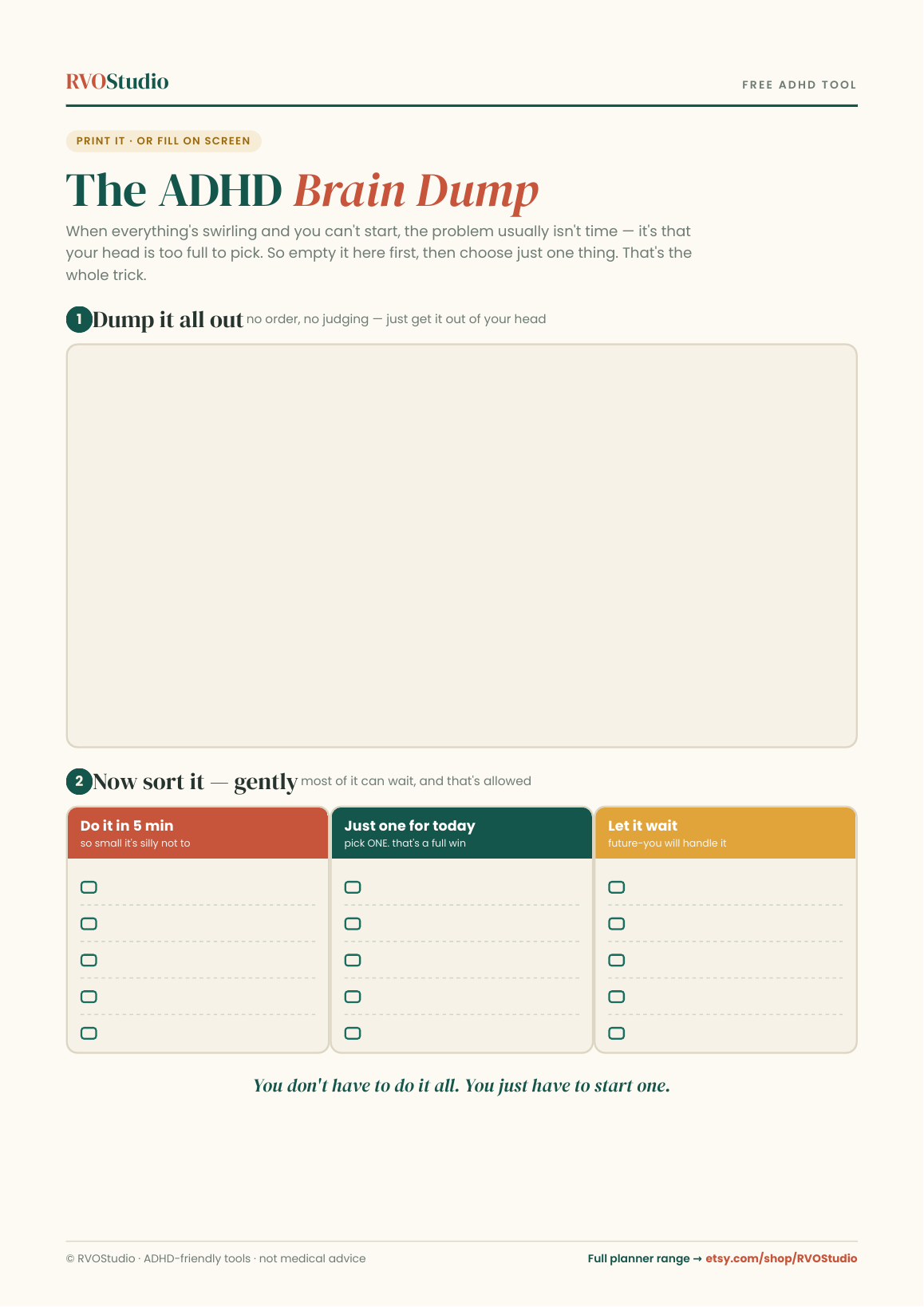 Preview of the ADHD Brain Dump printable